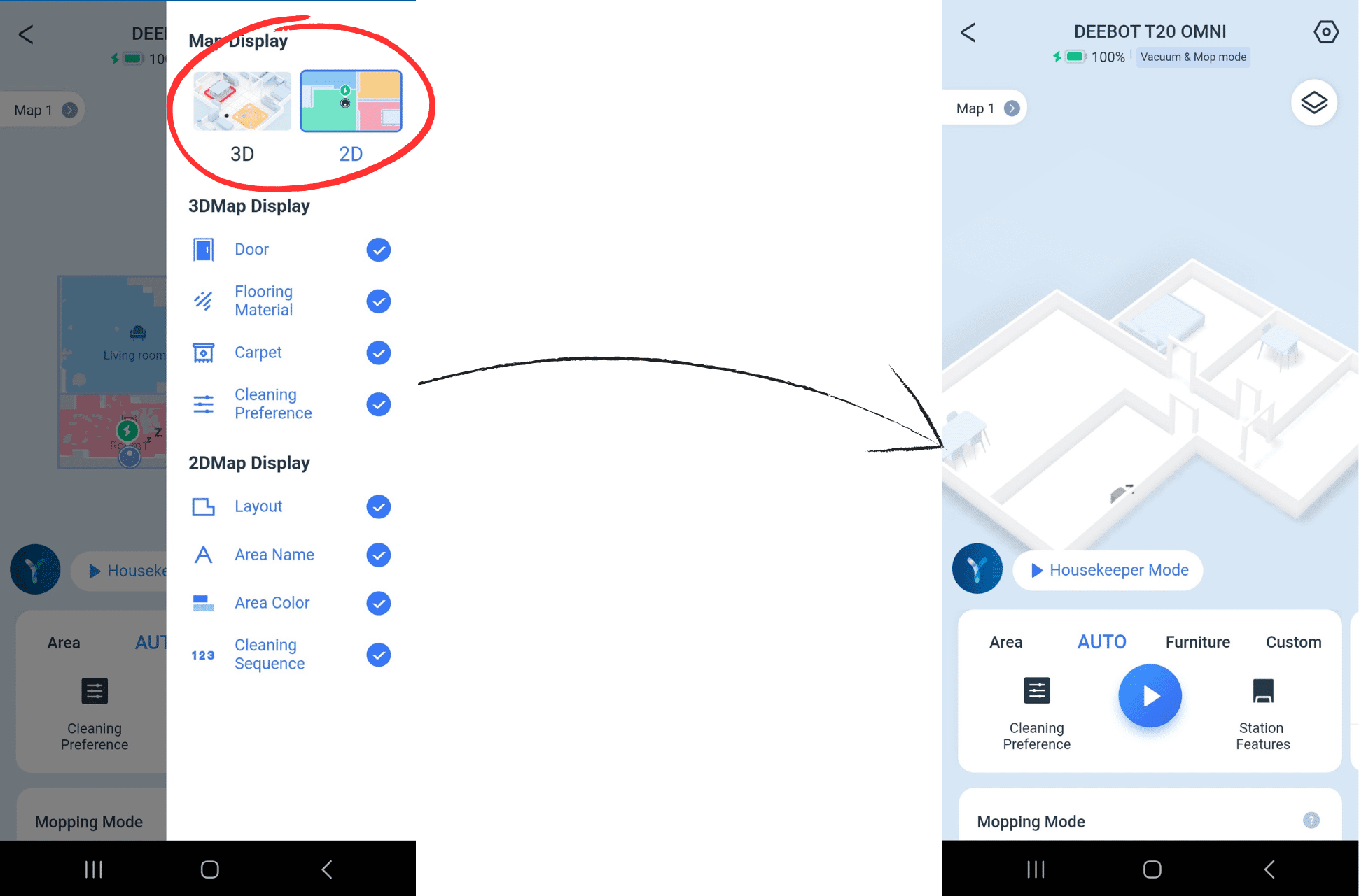 Eine 2D- und 3D-Kartenansicht ist in der ECOVACS DEEBOT T20 OMNI App zu sehen.